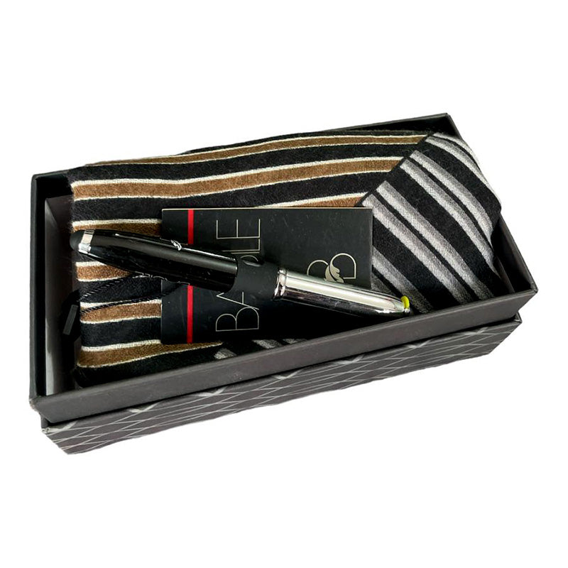 SET UOMO PASHMINA NERO E DORATO CON EFFETTO RIGATO + PENNA BASILE