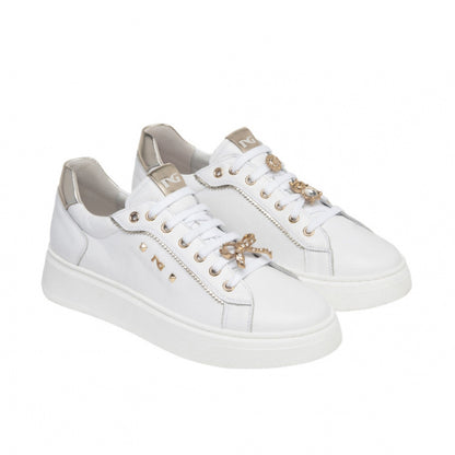 Sneakers donna In Pelle E409975D NeroGiardini Bianco con applicazioni oro