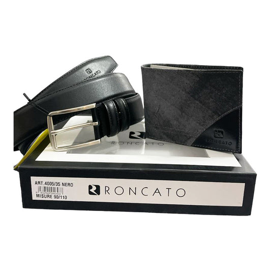 Roncato Gift Box 4005 Ceinture et portefeuille pour hommes en cuir véritable (noir)