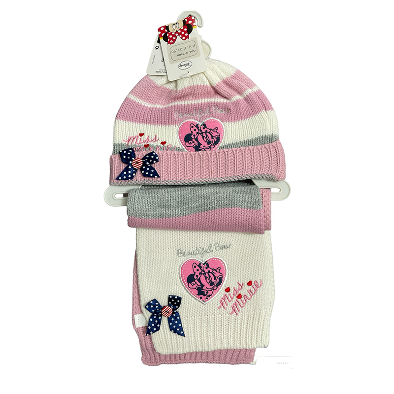 Bonnet et écharpe Minnie bébé rose blanc Disney